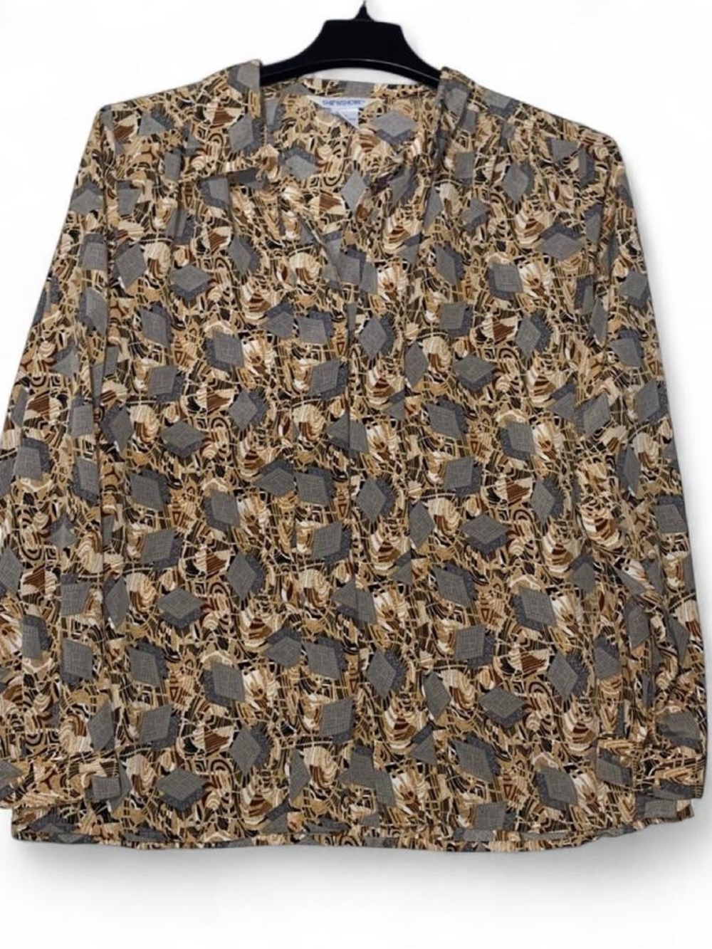 Geo-Print Button-Front Blouse in Brown and Gray by St. John's Bay